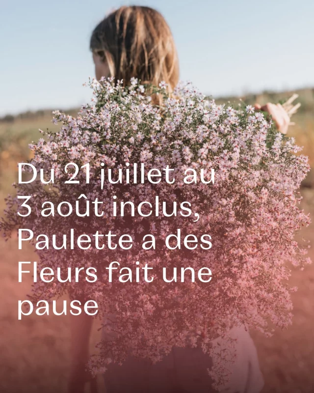 Congés d’été : du 21 juillet au 3 août inclus 📣, la boutique sera fermée pour recharger les batteries ! 🪫

Voici les derniers jours pour venir au Chemin de Pierpont 50 à Rèves avant les congés : ⤵️🚨
📆 Mercredi 16 juillet de 10h à 18h
📆 Jeudi 17 juillet de 14h à 18h
📆 Vendredi 18 juillet de 10h à 18h
📆 Et samedi 19 juillet de 10h à 18h.

Qui passera nous voir ? 🌞

#fleurslocales #boutiquefleurie #fleursdesaison #floriculturebelgique #slowflowersbelgique #pauletteadesfleurs